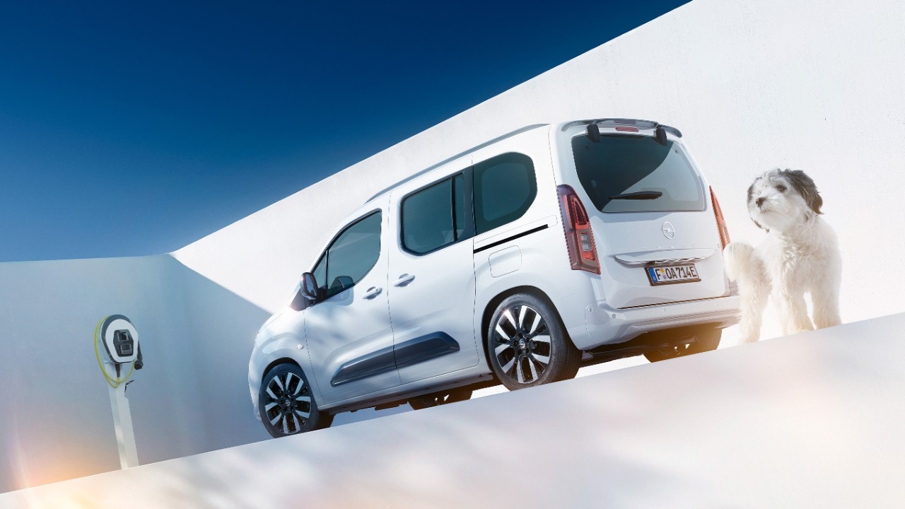 Заден поглед на бел Opel Combo Electric и куче веднаш до ѕиден полнач